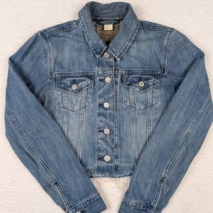 Levi's Women's Medium Denim Trucker Jacket Cropped Raw Hem Blue Jean Jacket